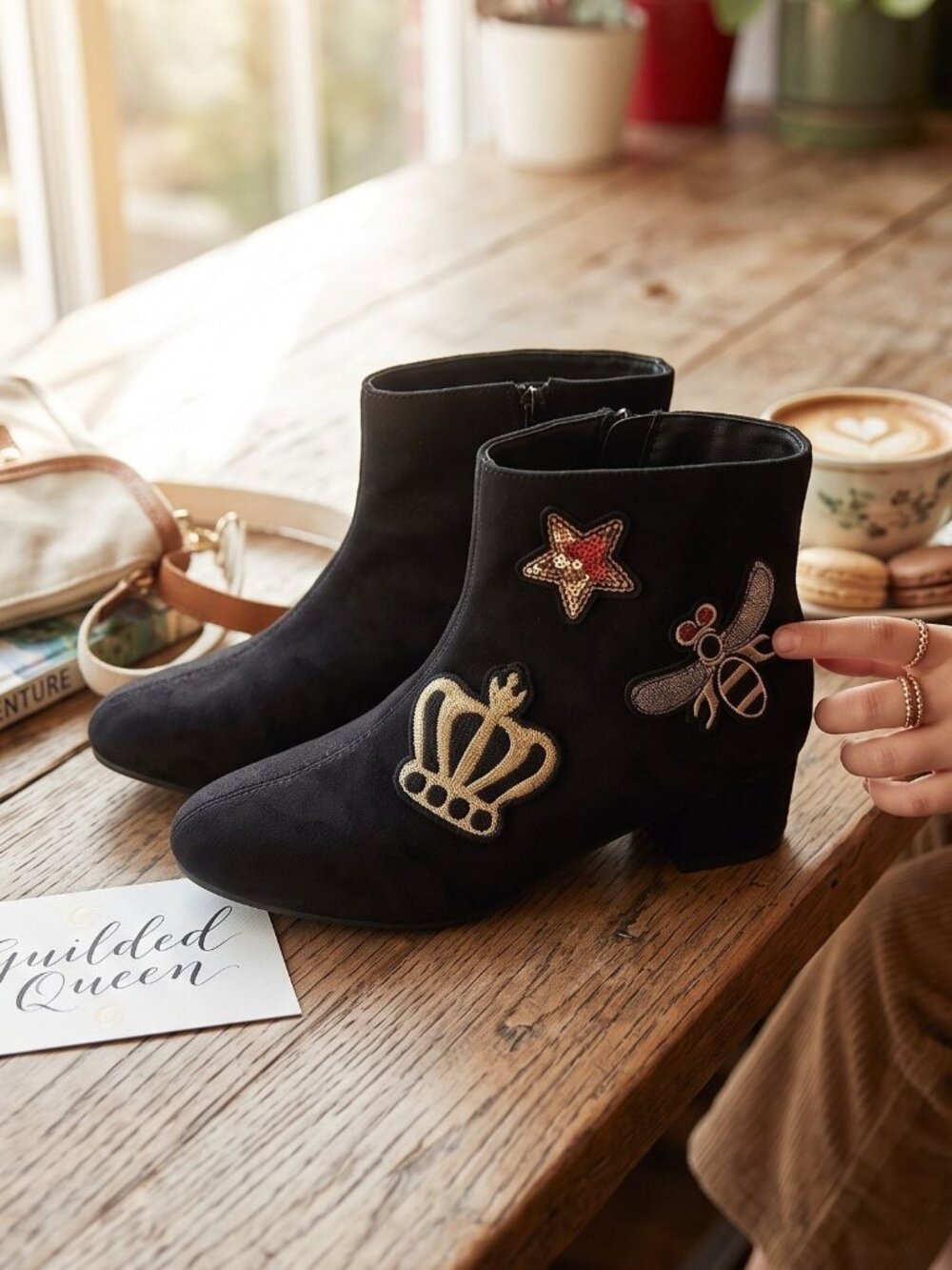The Children’s Place ✦ Black Embroidered Ankle Boots ✦ Crown Star Bee Accents 5